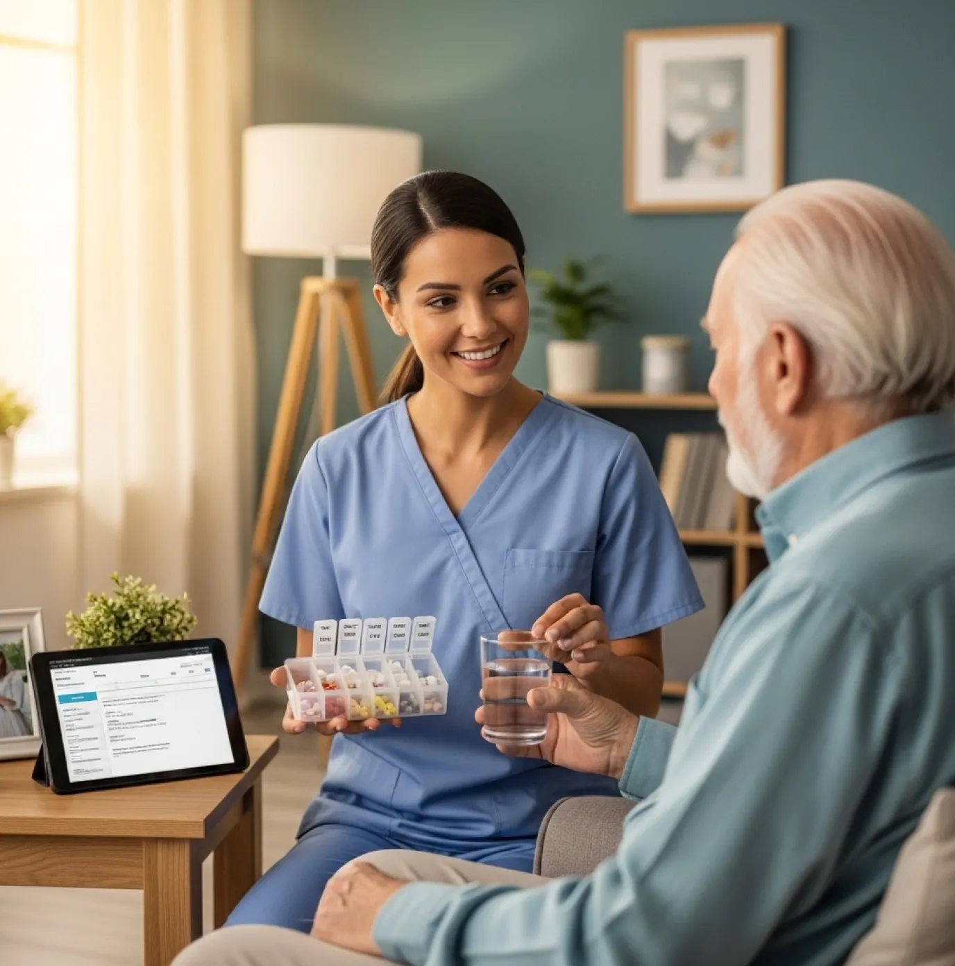 Nurse talking with senior woman